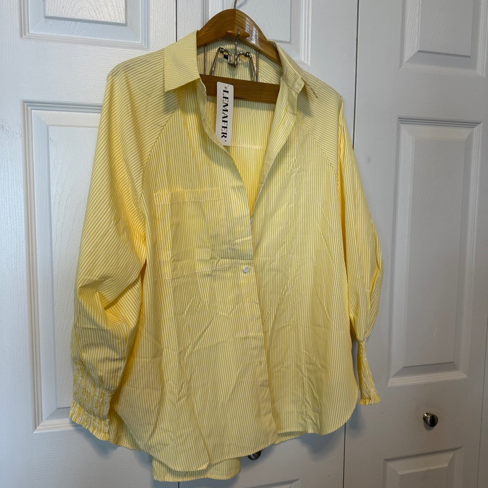 LEMAFER Yellow Casual Button Down Shirt with Pinstripes